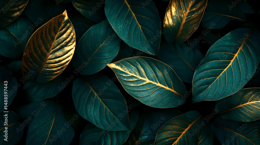 Fototapeta premium Dark Green Leaves with Golden Highlights for Nature Illustrations