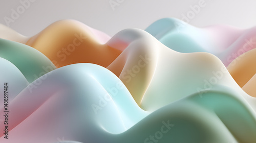 Glossy, soft-edged abstract hills in muted pastel shades, resembling silicone or rubbery surfaces with smooth light reflections in a tranquil setting.