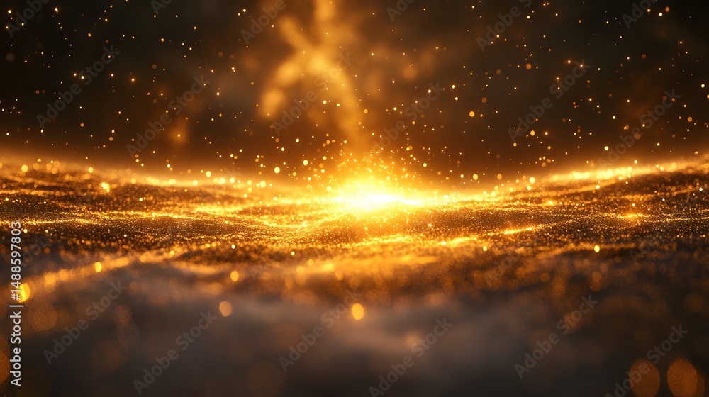 Naklejka premium A field of golden light shimmers, creating an ethereal, energy-filled scene. The bright center and scattered points evoke vastness, enhanced by soft shadows.Astronomy and Galaxy backgrounds