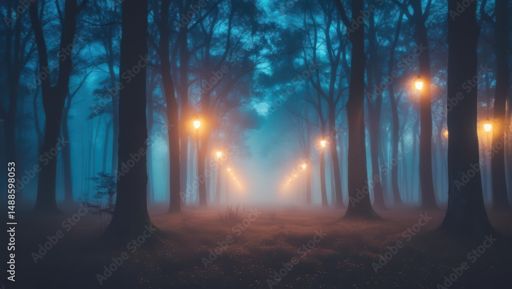 Fototapeta premium Discover the enchanting foggy forest at night with illuminated street lights scene