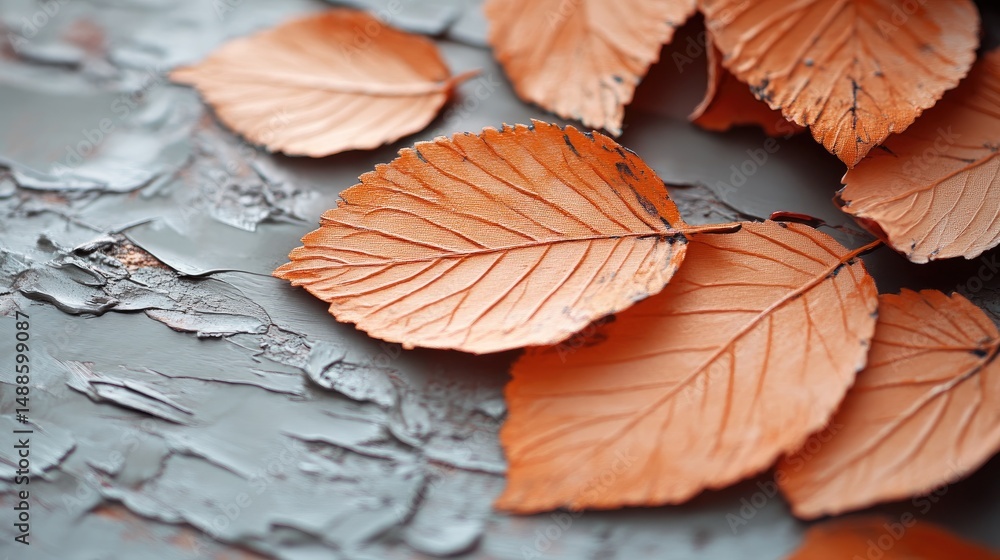 Fototapeta premium Autumnal leaves arranged on a textured surface.