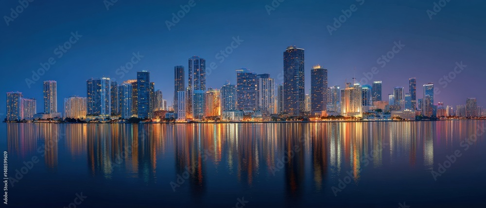 Obraz premium City skyline at twilight. The cityscape reflects on the calm water, creating a stunning mirror image.