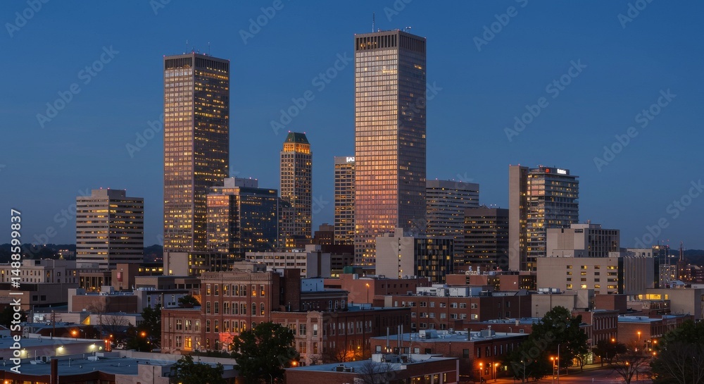 Tulsa Cityscape at Dusk - Stunning view of Tulsa's skyline at sunset, showcasing its modern skyscrapers and historic architecture Tulsa Cityscape at Dusk - Stunning view of Tulsa's skyline at sunset, showcasing its modern skyscrapers and historic architecture