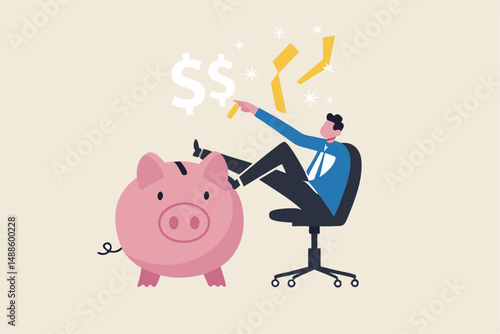 Personal finance expert, success salary man with high saving rate, investment or wealth management, income tax concept, confidence businessman sit with wealthy piggy bank thinking about money profit.