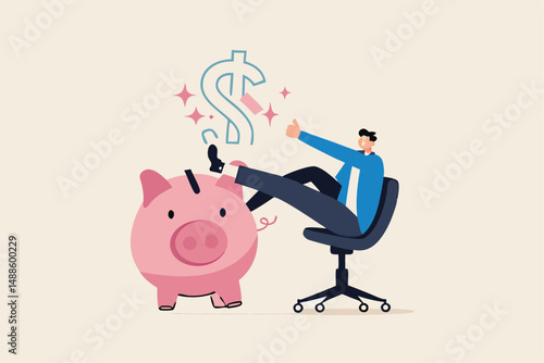 Personal finance expert, success salary man with high saving rate, investment or wealth management, income tax concept, confidence businessman sit with wealthy piggy bank thinking about money profit.