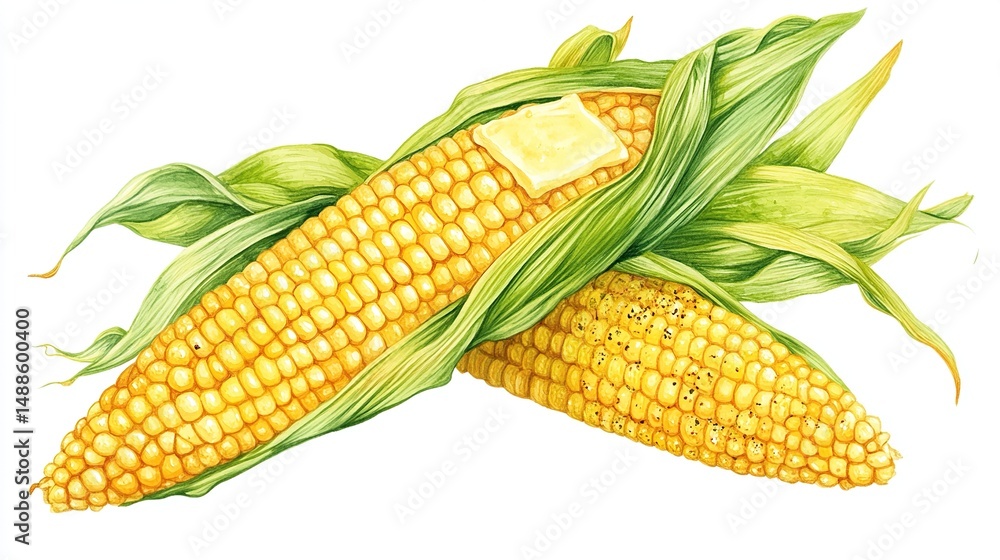 Obraz premium Two ears of yellow corn with husks, one topped with a pat of butter
