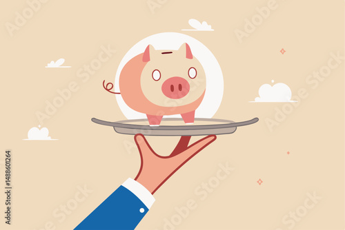 Offer investment and savings service, best wealth management or business loan, mutual funds and financial solution concept, businessman professional hand serving precious piggybank in luxury tray.