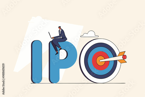 IPO, initial public offering, company go public in stock market, investment opportunity or make profit from new stock concept, businessman trader trading stock on alphabets IPO with bullseye target.