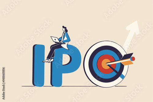 IPO, initial public offering, company go public in stock market, investment opportunity or make profit from new stock concept, businessman trader trading stock on alphabets IPO with bullseye target.