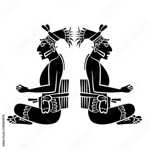 Symmetrical ethnic design with two seated Mayan men. Native American pre Columbian art. Black and white silhouette.