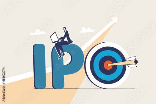 IPO, initial public offering, company go public in stock market, investment opportunity or make profit from new stock concept, businessman trader trading stock on alphabets IPO with bullseye target.