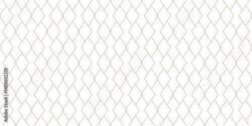 Golden vector geometric lines texture. Luxury minimalist seamless pattern with diamonds, outline rhombuses, linear grid. Minimal abstract gold and white ornament. Art deco style. Trending background