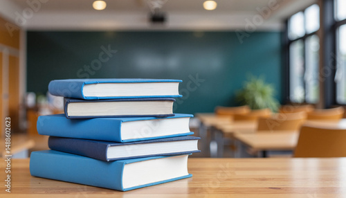Stack of blue books in school auditorium, preparation for finals