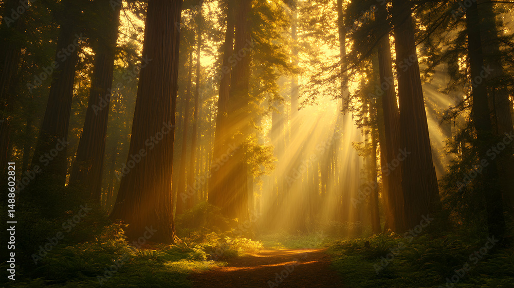 Obraz premium Sunlight Rays Through Dense Forest Canopy in Majestic Wilderness