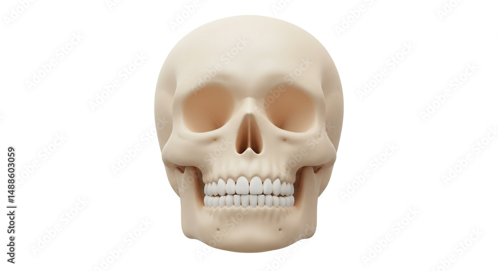 Anatomical illustration of a human skull with teeth on a white background in full frontal view Anatomical illustration of a human skull with teeth on a white background in full frontal view