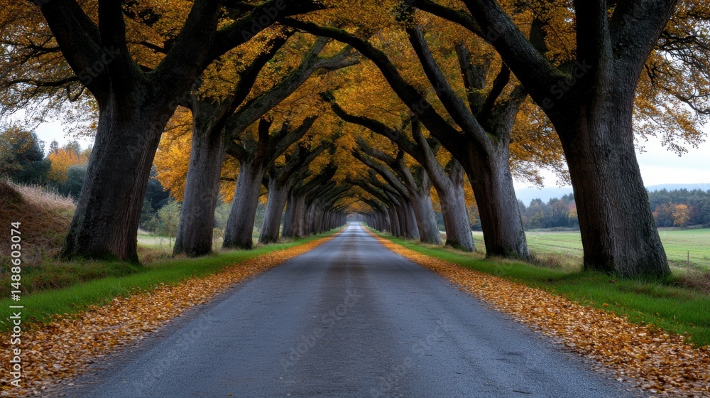 Fototapeta premium A peaceful road stretches through a stunning landscape, flanked by tall trees adorned with bright autumn foliage. Crunchy leaves cover the ground, creating a picturesque scene
