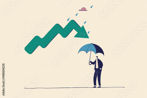 Protect from stock market crash, insurance to protect from risk or uncertainty, investment margin of safety concept, businessman investor holding strong umbrella ready for downturn arrow graph.