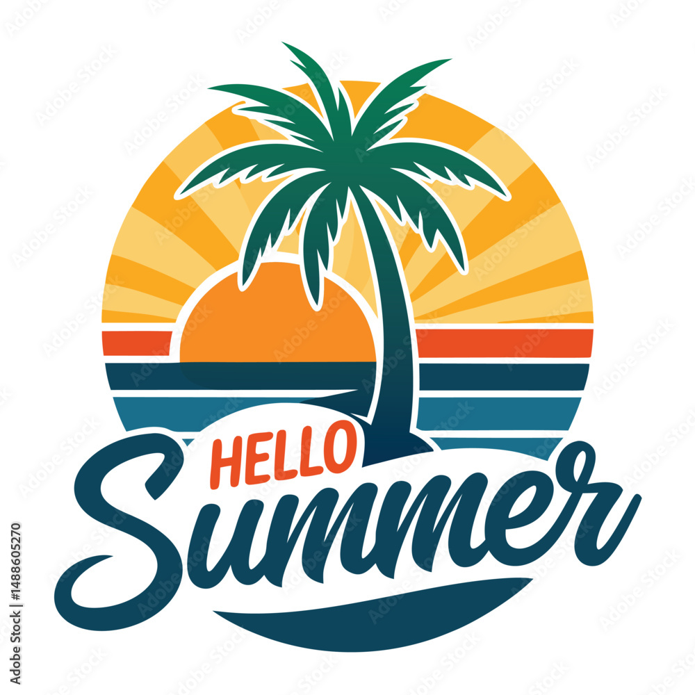 Fototapeta premium Colorful summer beach sunset palm tree circle logo or sticker design element