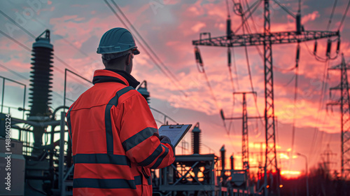 A utility worker inspects power lines at a substation during sunset, wearing safety gear and holding a clipboard.