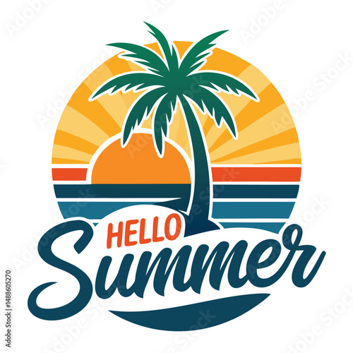 Colorful summer beach sunset palm tree circle logo or sticker design element