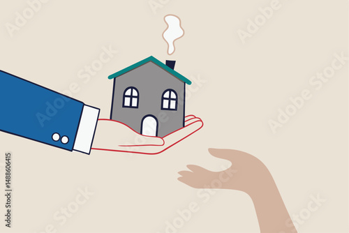 Inherit house or real estate from parents, financial advisor on legacy planning, passing an inheritance to children concept, father giving house, wealth or property to his children small hand.