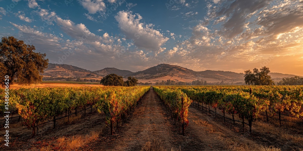 Fototapeta premium Serene vineyard at sunset, rows of grapevines stretching towards the distant hills under a vibrant sky.