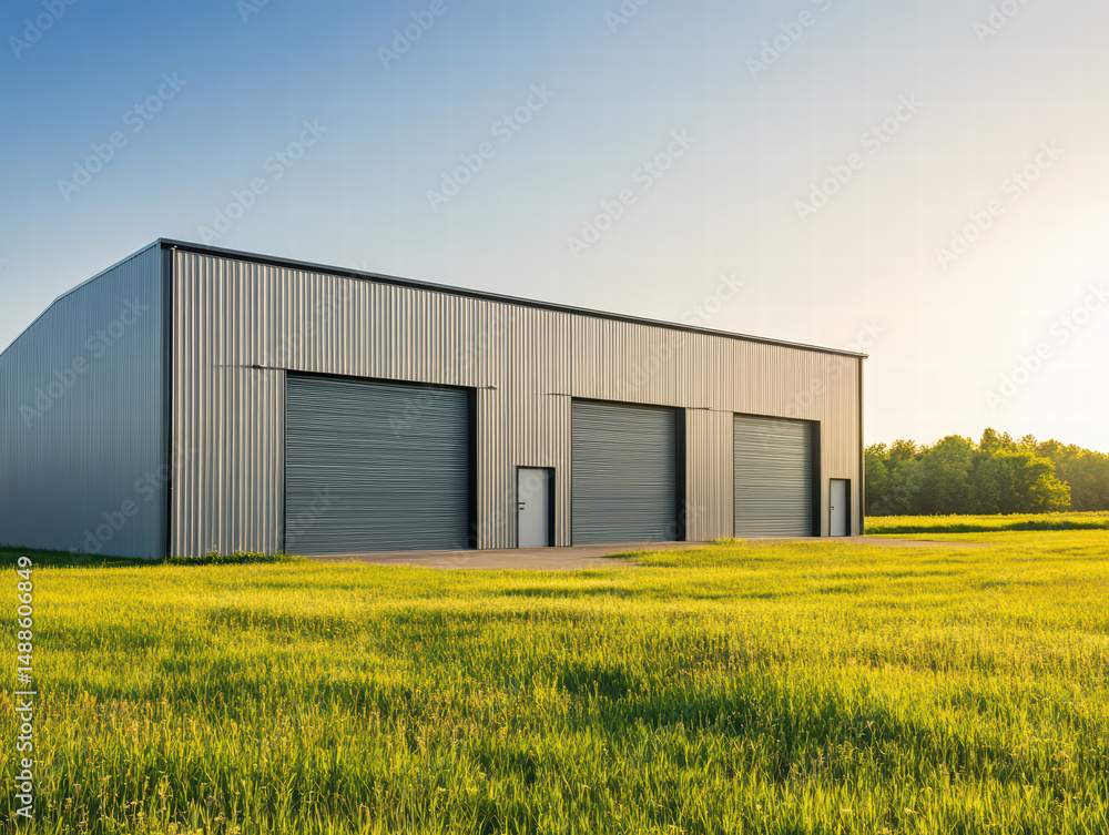 Obraz premium Warehouse on Grassy Field: A modern warehouse structure stands tall against a clear blue sky, its metallic facade reflecting the sunlight.