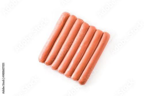 Pack of hot dogs on white background in vacuum packaging