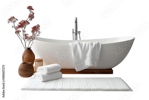 Envision luxurious relaxation A modern freestanding bathtub adorned with fresh towels and on transparent background