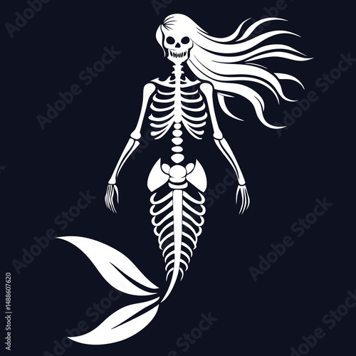 Vector illustration of a skeleton mermaid with flowing hair in a decorative silhouette
