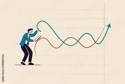 Stock market manipulation, control or influence crypto currency price or benefit or profit from investment authority concept, businessman market manipulator play battle rope to control market graph.