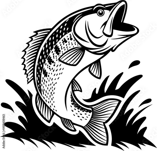 jumping bass fish with water splash in black silhouette