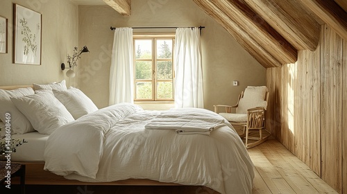Wallpaper Mural A cozy bedroom with white linens, wooden walls, exposed beams, and a window with white curtains Torontodigital.ca