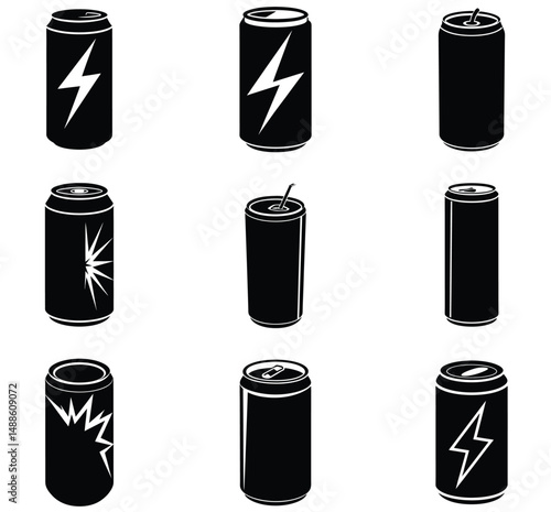 Energy Drink Set Silhouette – Vector Collection of Cans, Bottles, and Containers for Sports, Fitness, and Caffeinated Beverage Design Projects