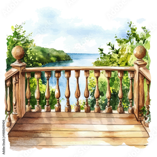 Wooden Railing On A Terrace With A Scenic View, watercolor illustration vector, high quality, isolated on a white background.