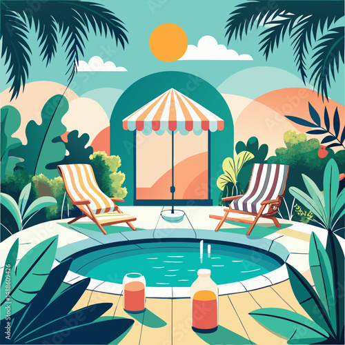 Tropical poolside oasis featuring lounge chairs and refreshments under the bright summer sun