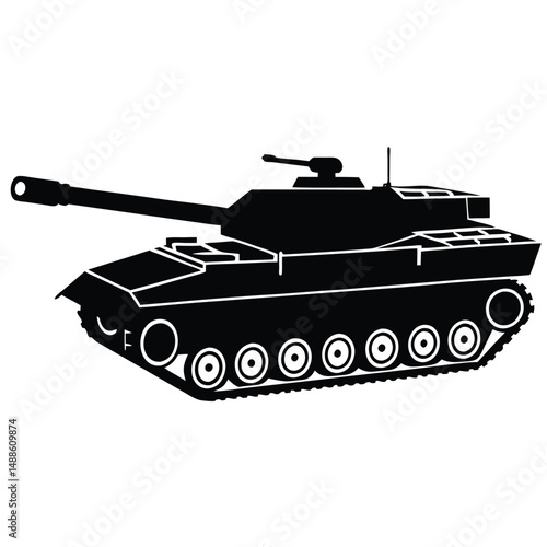 Black and white silhouetted illustration of a modern tank on a white background