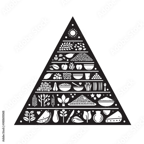 Nutrition Pyramid Black Silhouette Vector with Outline-Style Food Icons on White Background