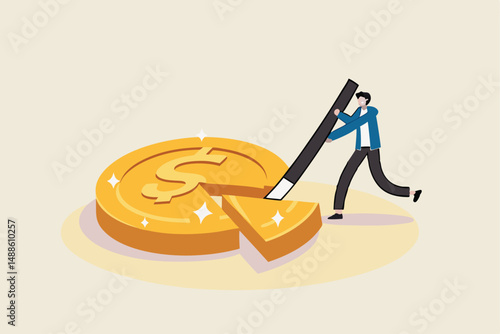 Money management, financial planning or wealth management or investment portfolio, paying for tax, loan or debt, inflation concept, businessman using pizza cutter to split golden dollar money coin.