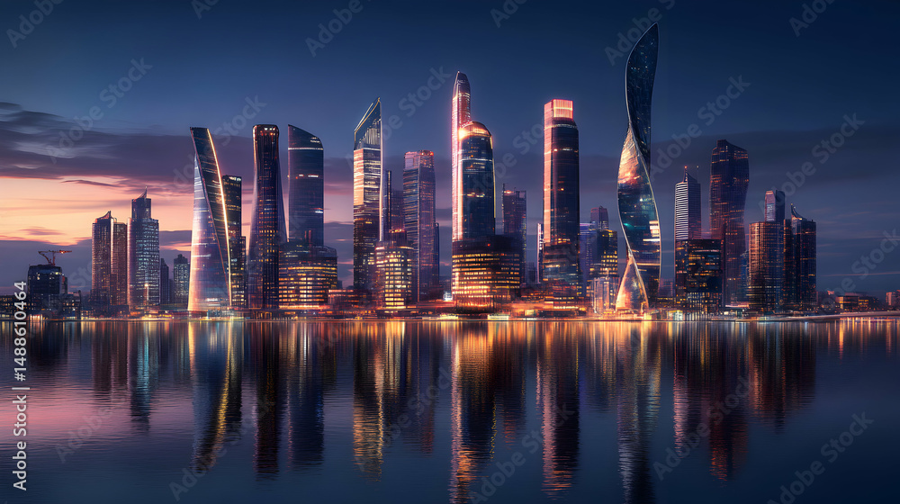 Fototapeta premium Stunning City Skyline at Dusk with Reflections on Water Surface
