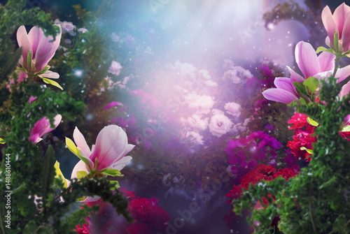 Fantasy tropical jungle garden with magnolia and rose flower and greenery plants in fairy tale rainforest, magical nature background in purple lilac colors with shining rays, dreamy mystic atmosphere.