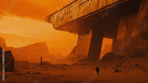 Dark Apocaliptic desert with monumental brutalist hideout, seen from the front, Generative AI