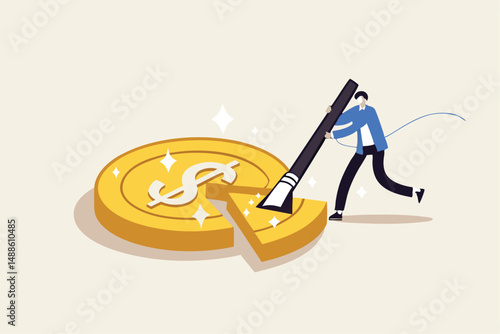Money management, financial planning or wealth management or investment portfolio, paying for tax, loan or debt, inflation concept, businessman using pizza cutter to split golden dollar money coin.