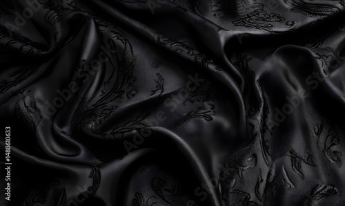 Black silk or satin fabric with intricate texture, silk, background, dark colors