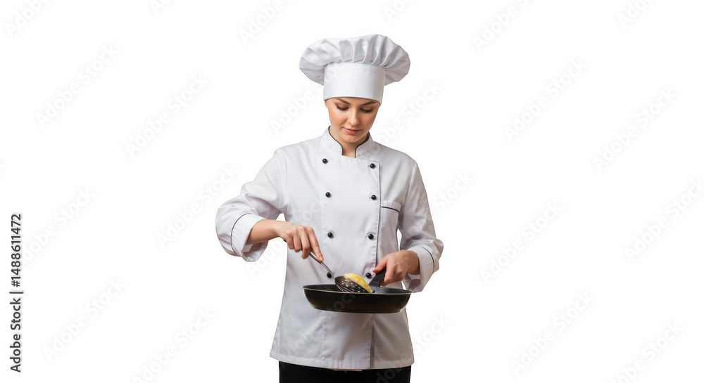 Female chef cooking food in pan isolated on transparent background Female chef cooking food in pan isolated on transparent background