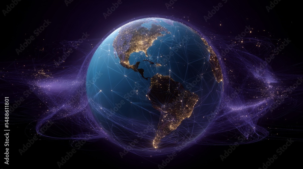 Obraz premium Abstract wireframe earth in digital space with glowing connections and network patterns for futuristic design concepts