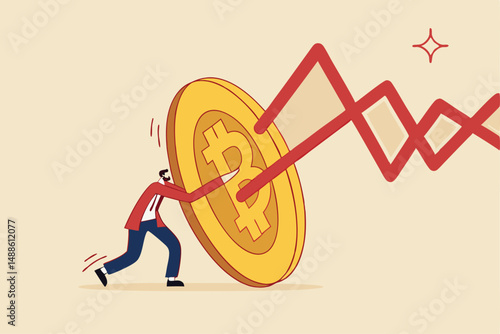 Bitcoin as safe haven of crypto and stock market crash, shield or guard in financial crisis or bubble burst, protect from losing wealth concept, businessman investor hidden behind bitcoin shield.