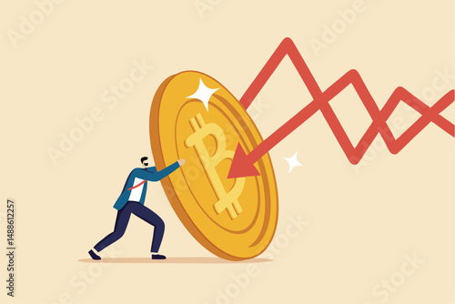 Bitcoin as safe haven of crypto and stock market crash, shield or guard in financial crisis or bubble burst, protect from losing wealth concept, businessman investor hidden behind bitcoin shield.