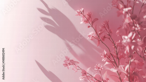 Floral Serenity: Delicate pink flowers and the elegant shadow of a hand create a serene atmosphere on a softly shaded pink backdrop.