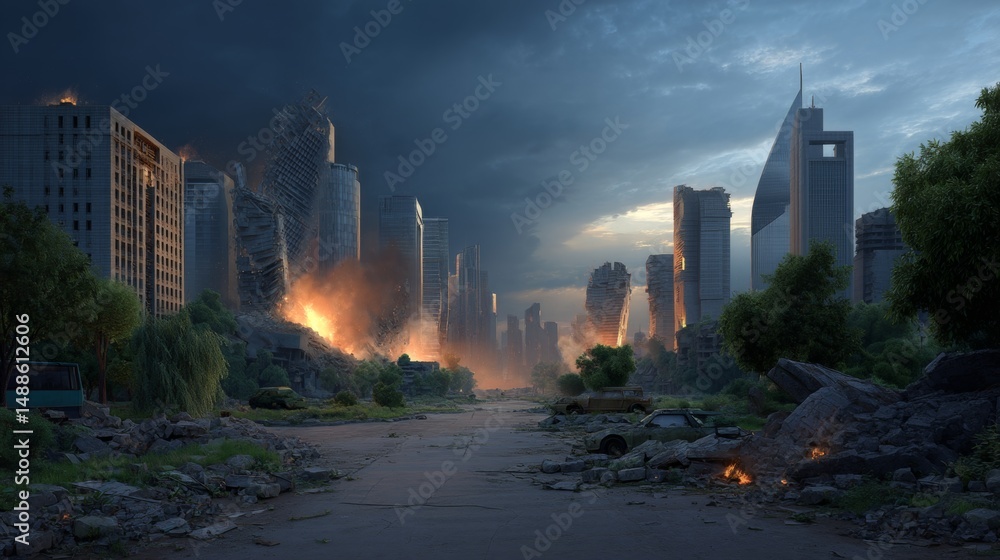 Obraz premium Apocalyptic urban battlefield with burning ruins in a devastated metropolis for post-apocalyptic design